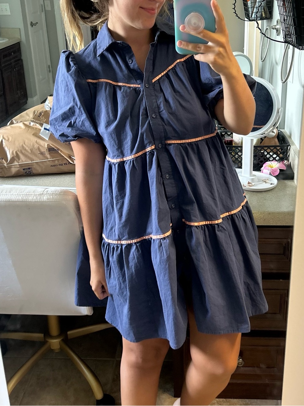 Navy Puff-Sleeve Tiered Mini Dress